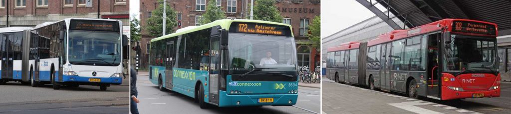 Imagem de diferente tipos de ônibus, meio de transporte público em Amsterdam