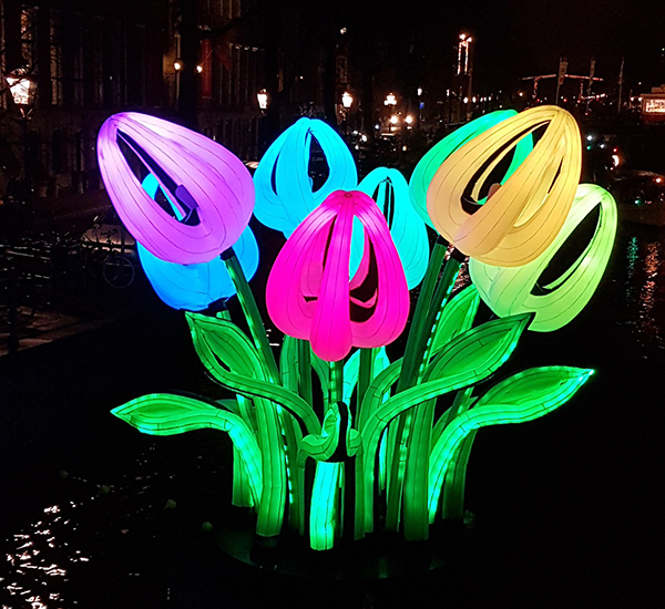 Imagem de tulipas feitas de luzes para o festival de luzes em Amsterdam.